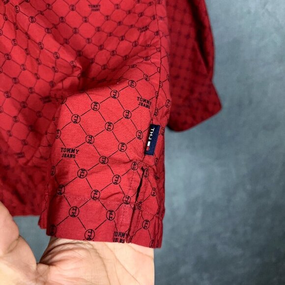 Y2K Tommy Jeans Shirt Mens XL Red Button Up Long Sleeve Logo - Picture 5 of 12